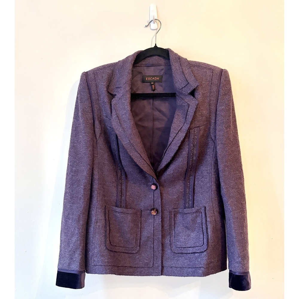 Escada Purple Skirt Suit Blazer Size 42 & 40 Virgin Wool & Crystal Buttons - Picture 2 of 10
